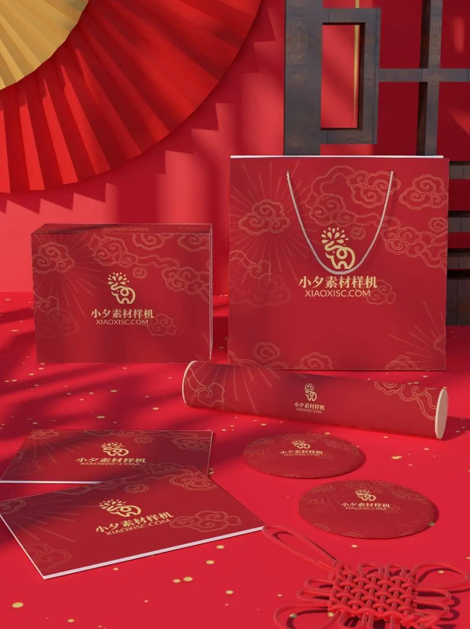 国潮红金新年品牌文创礼盒包装PSD样机素材 - 第1页