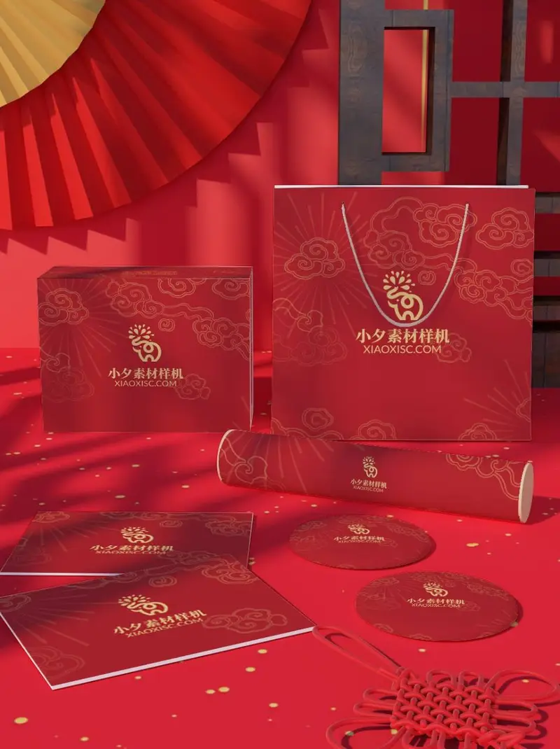 国潮红金新年品牌文创礼盒包装PSD样机素材 - 封面预览