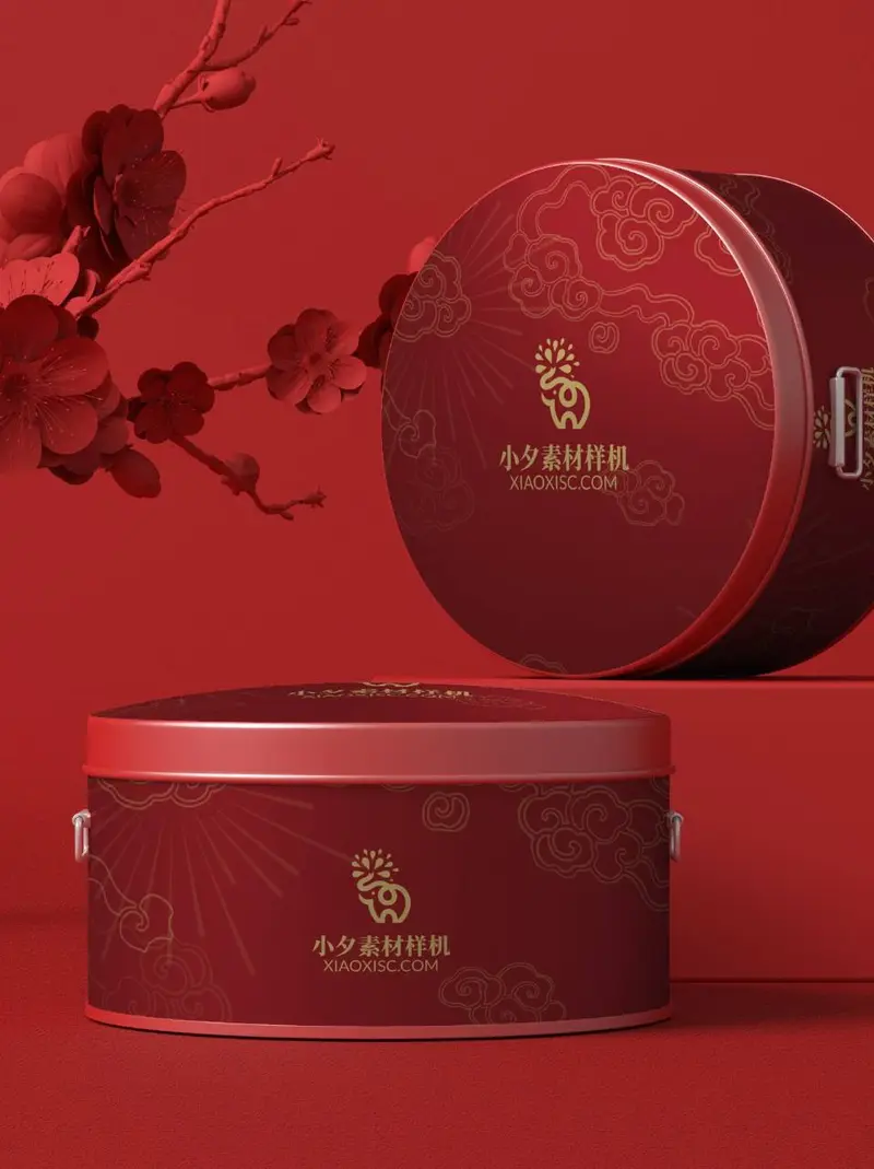 中国红新年礼盒包装展示PSD样机素材 国潮风圆形铁盒文创礼品效果图模板 - 封面预览