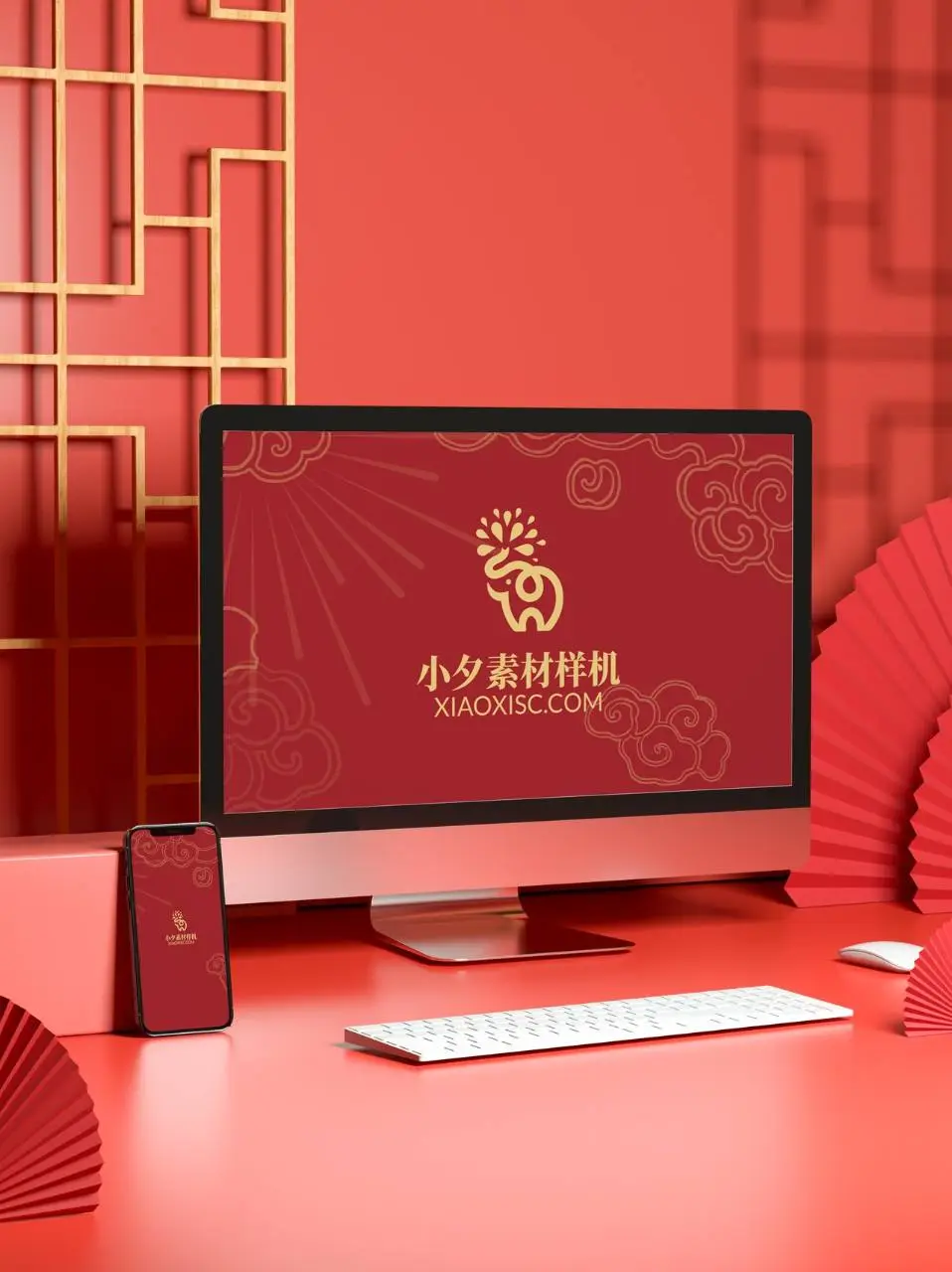 红金国风品牌logo展示桌面场景样机PSD设计素材 - 第1页