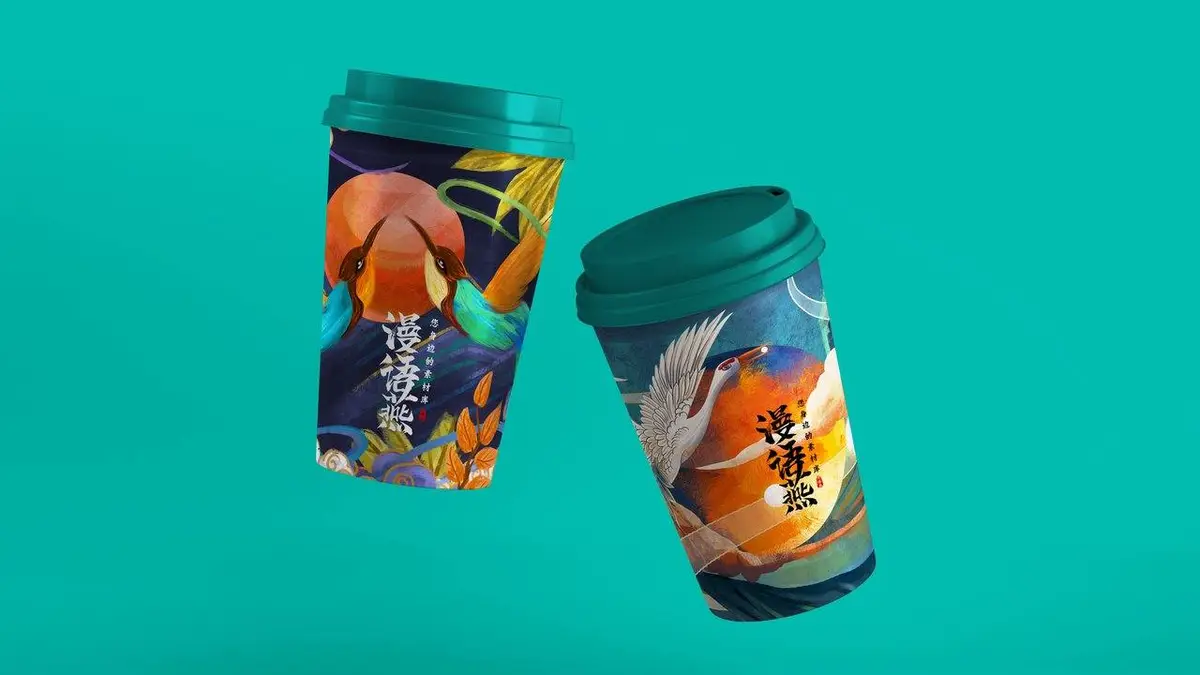 国潮国风飞鸟仙鹤图案奶茶杯品牌包装设计PSD素材 - 第1页