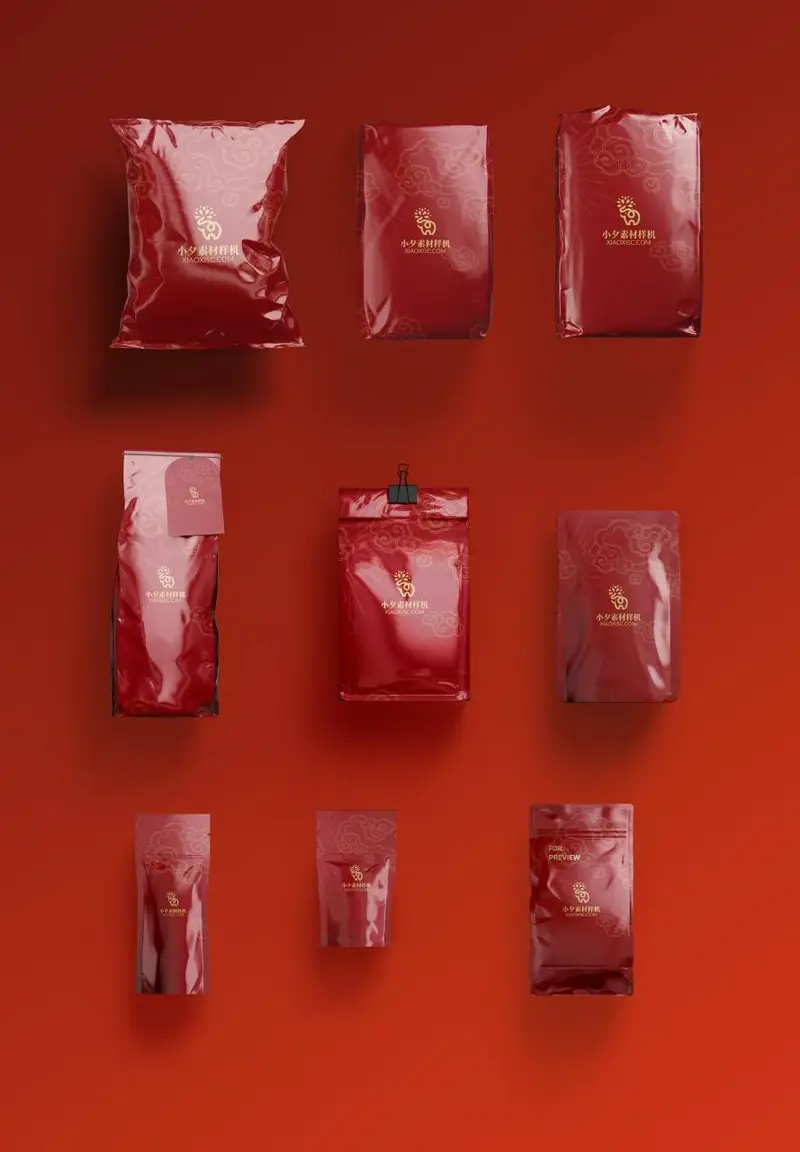 国潮红色食品零食自立袋铝箔包装袋品牌VI展示PSD样机素材 - 封面预览