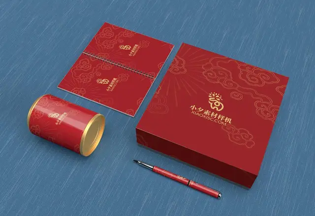 国潮红金品牌文创礼盒套装展示PSD样机素材 - 封面预览