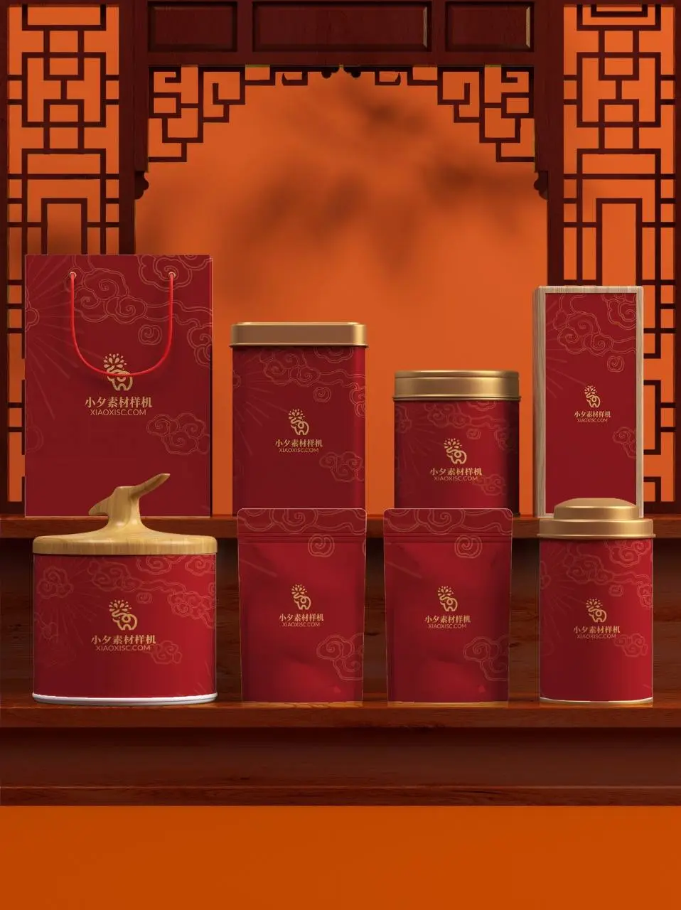 国潮红色祥云茶叶包装礼盒品牌展示PSD样机素材 - 第1页