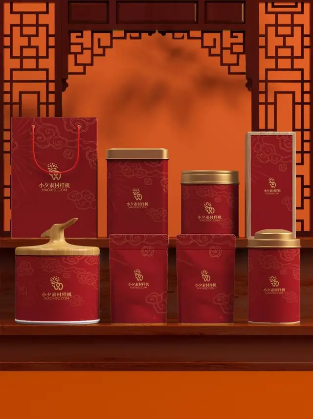 国潮红色祥云茶叶包装礼盒品牌展示PSD样机素材 - 封面预览