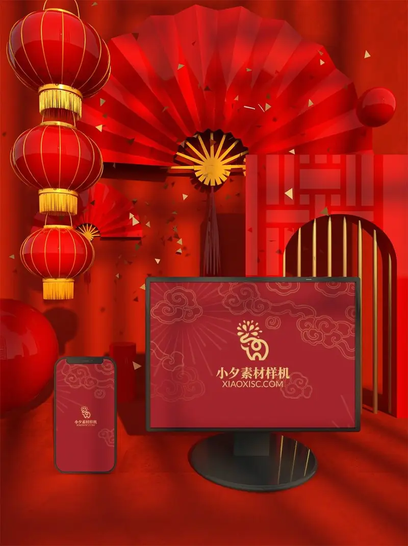 红金中式喜庆新年节日场景电脑手机屏幕展示样机PSD素材 - 封面预览