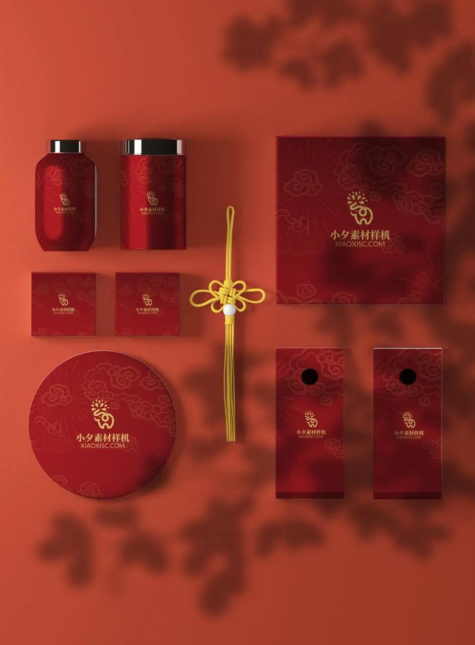中国风红金祥云茶叶礼盒品牌VI包装展示PSD样机素材 - 第1页