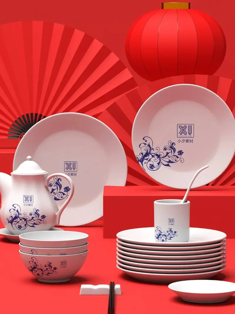 中式国潮餐具品牌logo展示PSD样机模板 - 封面预览