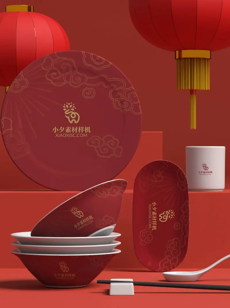 国风红色餐具品牌logo展示PSD样机模板 - 封面预览