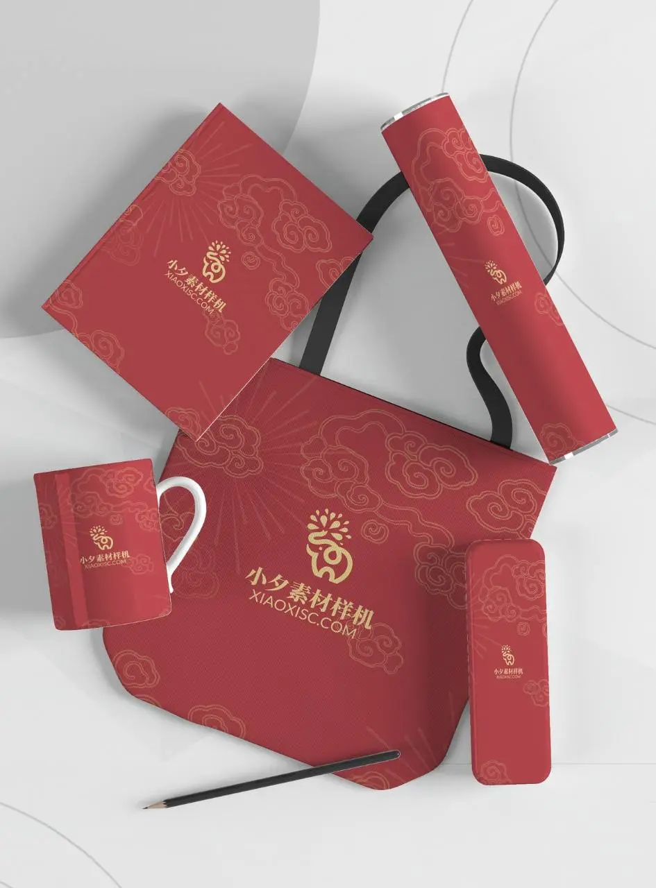 红色祥云国风企业品牌文创周边VI样机展示PSD素材 - 第1页