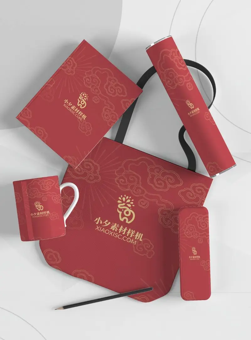 红色祥云国风企业品牌文创周边VI样机展示PSD素材 - 封面预览
