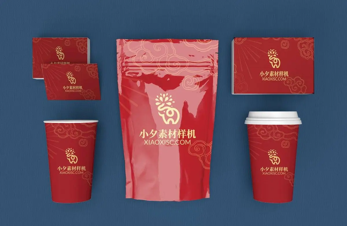 国潮红色餐饮品牌VI包装展示PSD样机模板 - 第1页