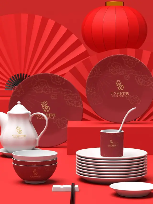 中国风红色餐饮餐具品牌VI展示PSD样机模板 - 封面预览