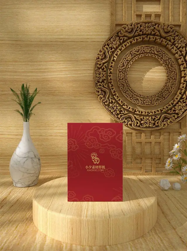 新中式国风木纹场景红色贺卡封面展示PSD样机素材 - 封面预览
