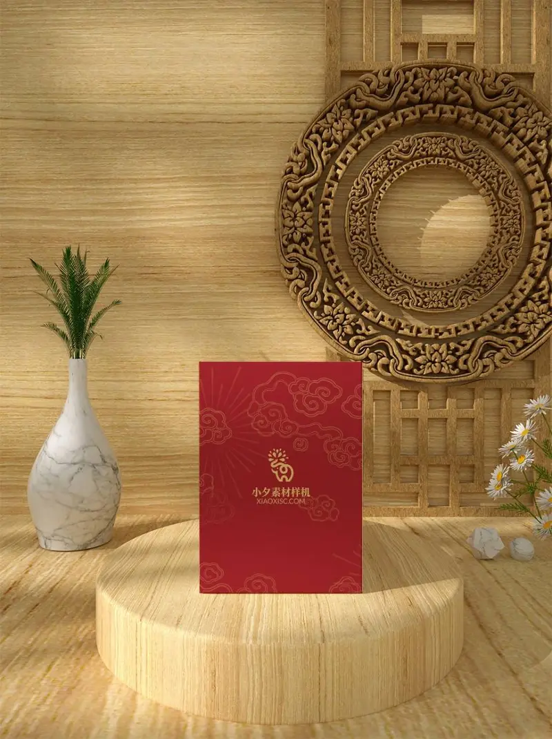 新中式国风木纹场景红色贺卡封面展示PSD样机素材 - 封面预览