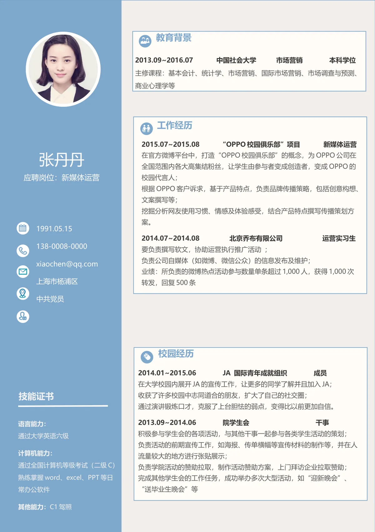 新媒体运营岗位求职个人简历Word文档模板 - 第1页