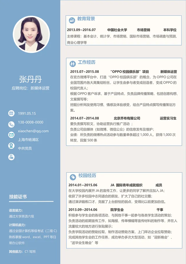 新媒体运营岗位求职个人简历Word文档模板 - 封面预览