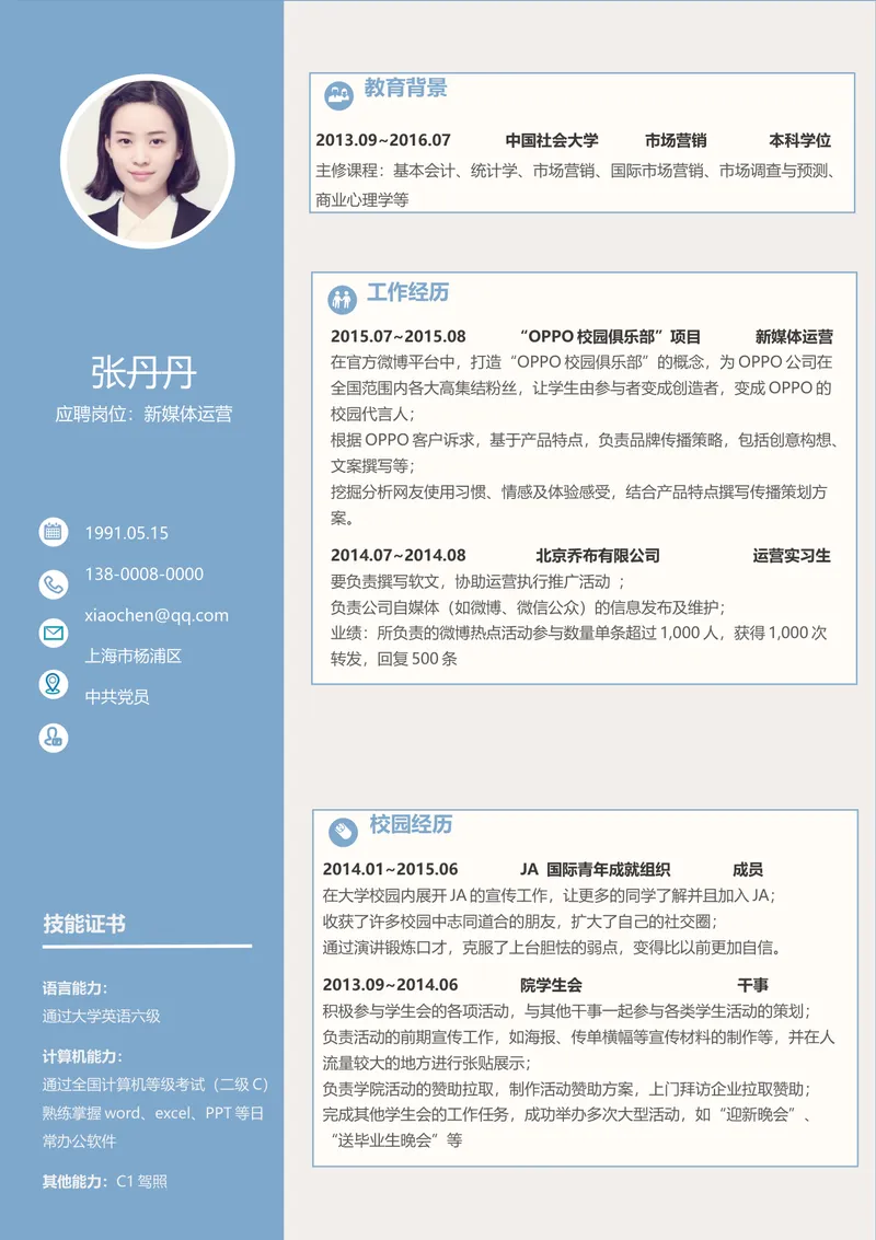 新媒体运营岗位求职个人简历Word文档模板 - 封面预览