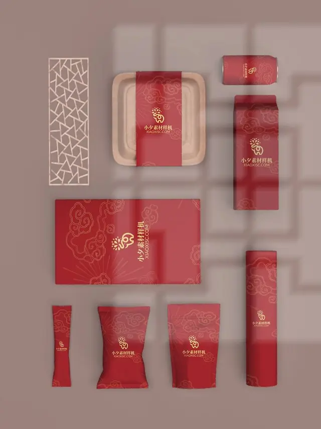 红色国潮祥云中式品牌包装文创样机PSD设计素材 - 封面预览