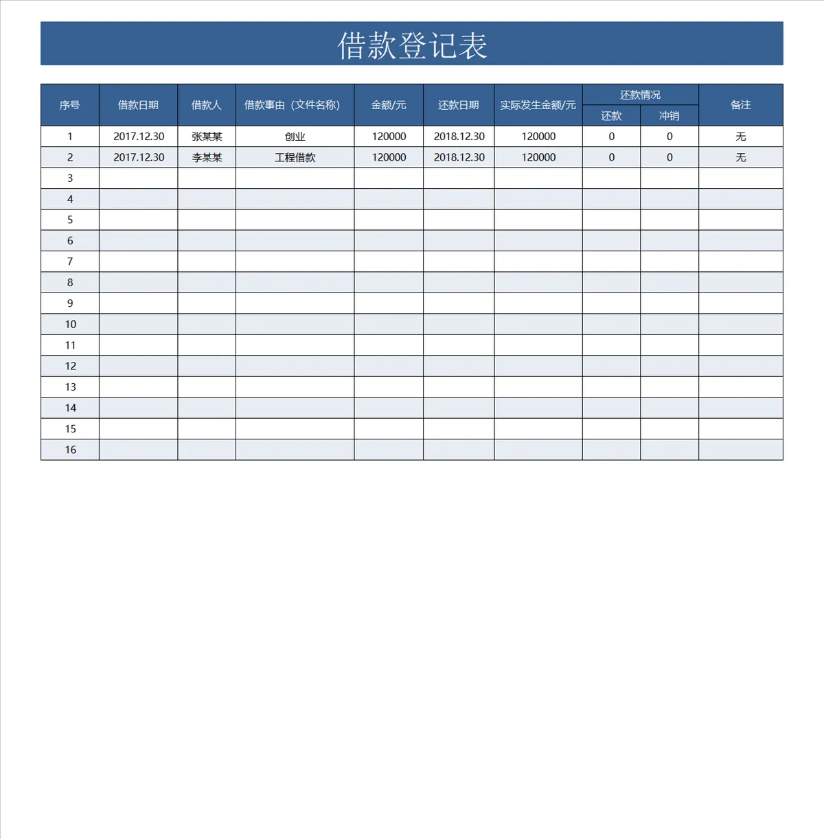 企业个人往来借款登记明细Excel表格 - 第1页