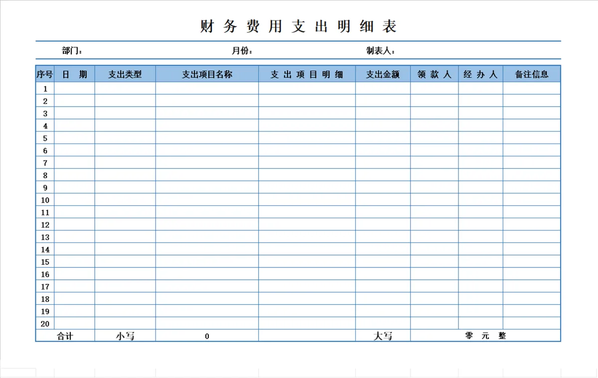 公司部门月度财务费用支出明细登记统计Excel表格 - 第1页