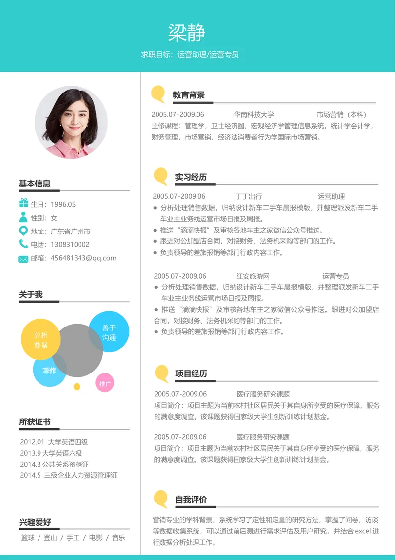 青绿色简约风运营助理运营专员求职简历Word文档模板 - 封面预览
