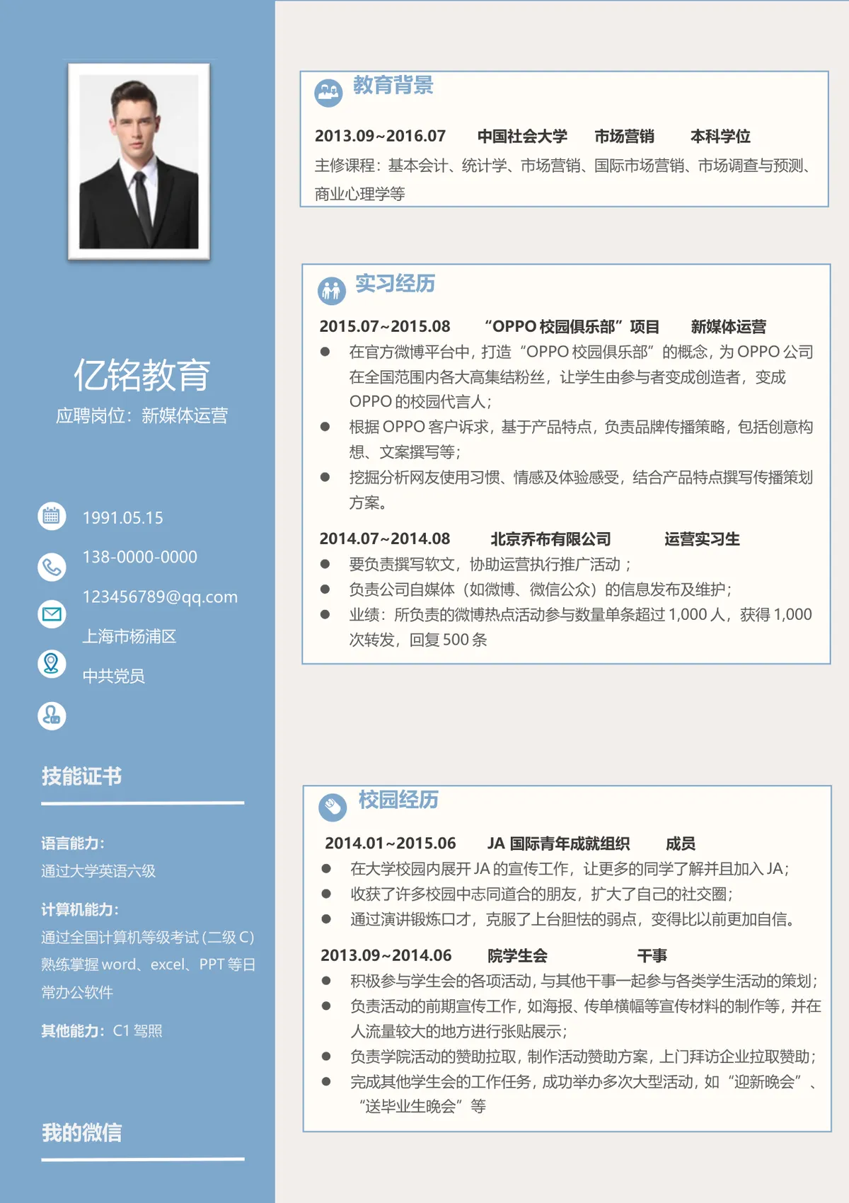 新媒体运营岗位求职简历Word文档模板 - 第1页