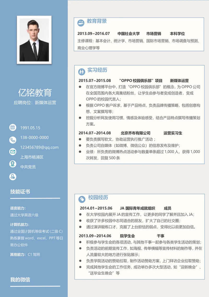 新媒体运营岗位求职简历Word文档模板 - 封面预览