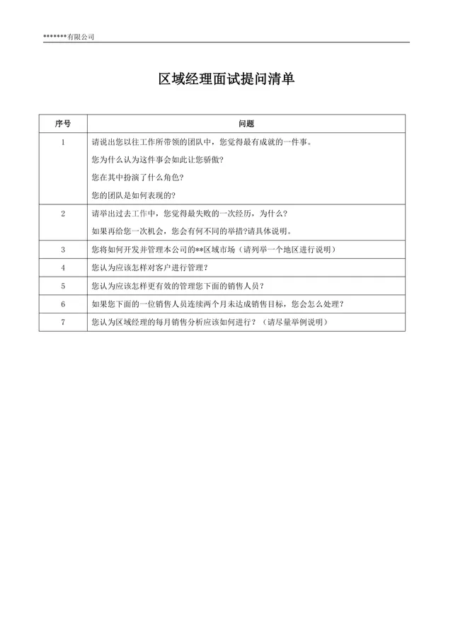 区域经理面试提问清单Word文档 企业招聘面试考核参考模板 - 封面预览
