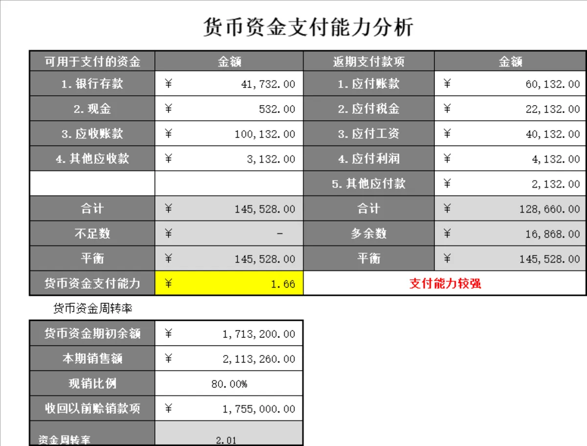 货币资金支付能力分析Excel表格 企业财务资金周转统计核算模板 - 第1页