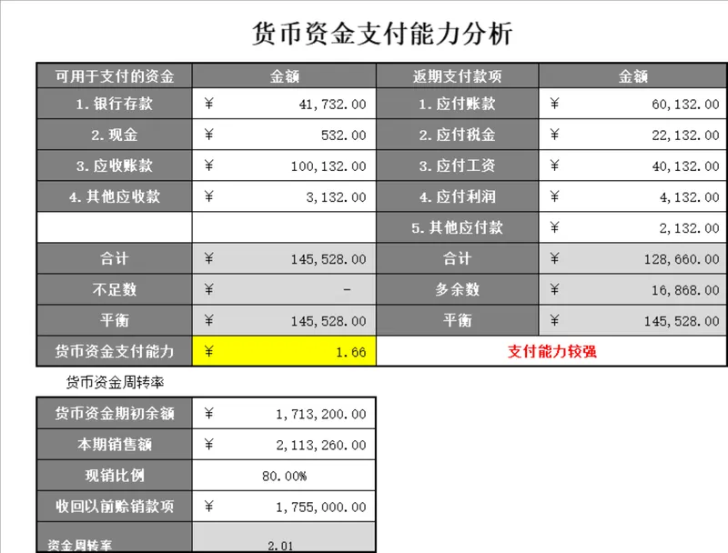货币资金支付能力分析Excel表格 企业财务资金周转统计核算模板 - 封面预览