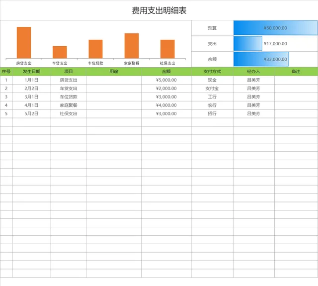 费用支出明细统计Excel表格 含预算支出余额可视化图表 - 封面预览