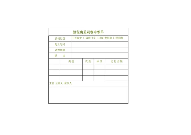 短程出差误餐费用申领登记Excel表格 - 封面预览