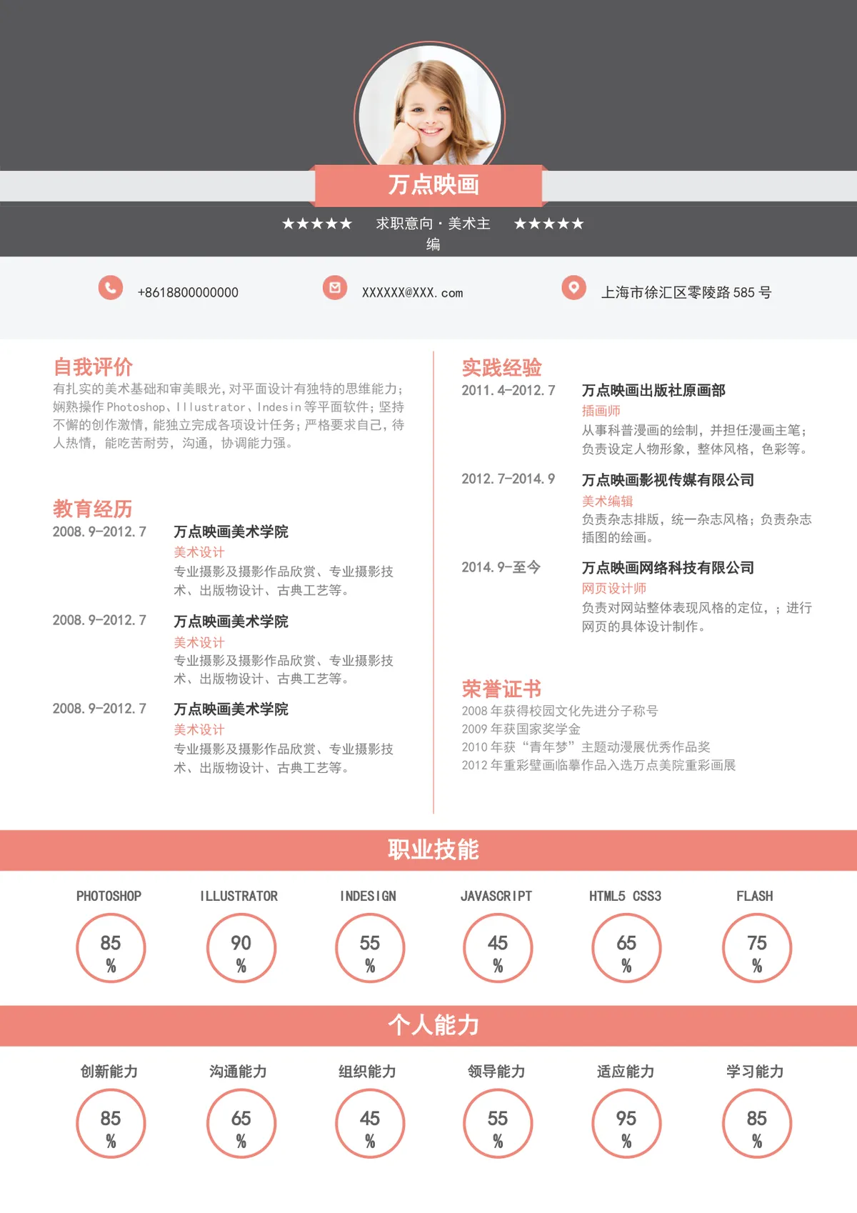 美术主编求职个人简历Word模板 含自我评价教育经历实践经验技能展示模块 - 第1页