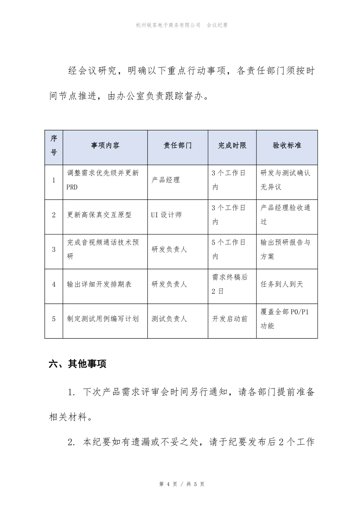 企业管理SaaS产品版本需求评审会标准会议纪要Word文档 - 第4页