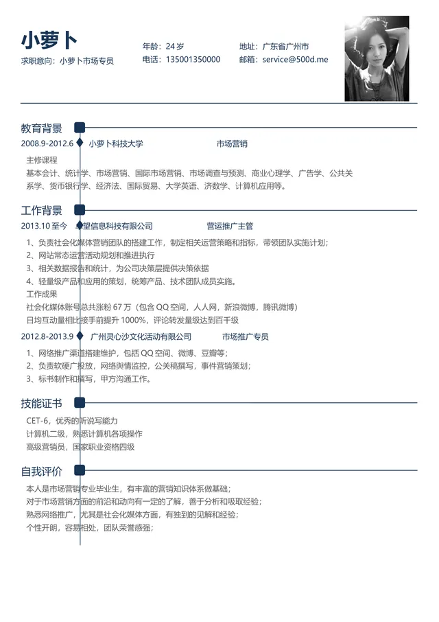 市场专员求职简历Word文档模板 含教育背景工作经历技能证书自我评价模块 - 封面预览