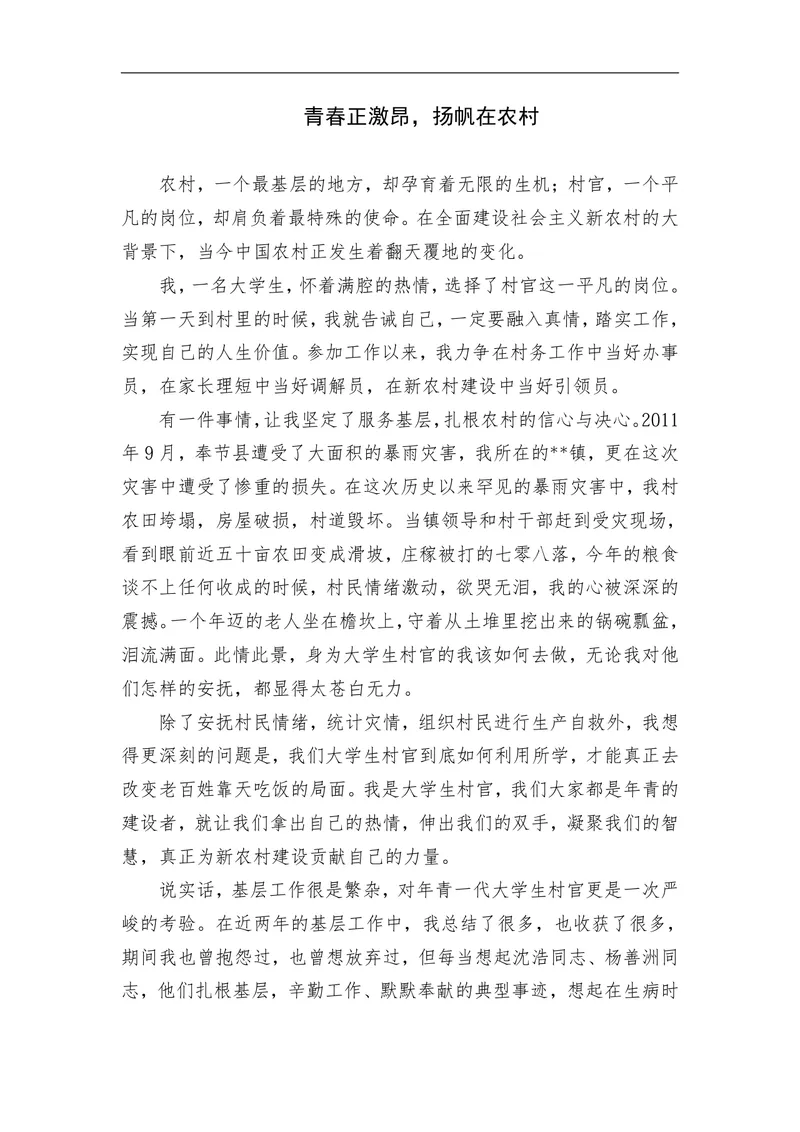 青春正激昂扬帆在农村大学生村官基层工作个人心得体会Word文档 - 封面预览