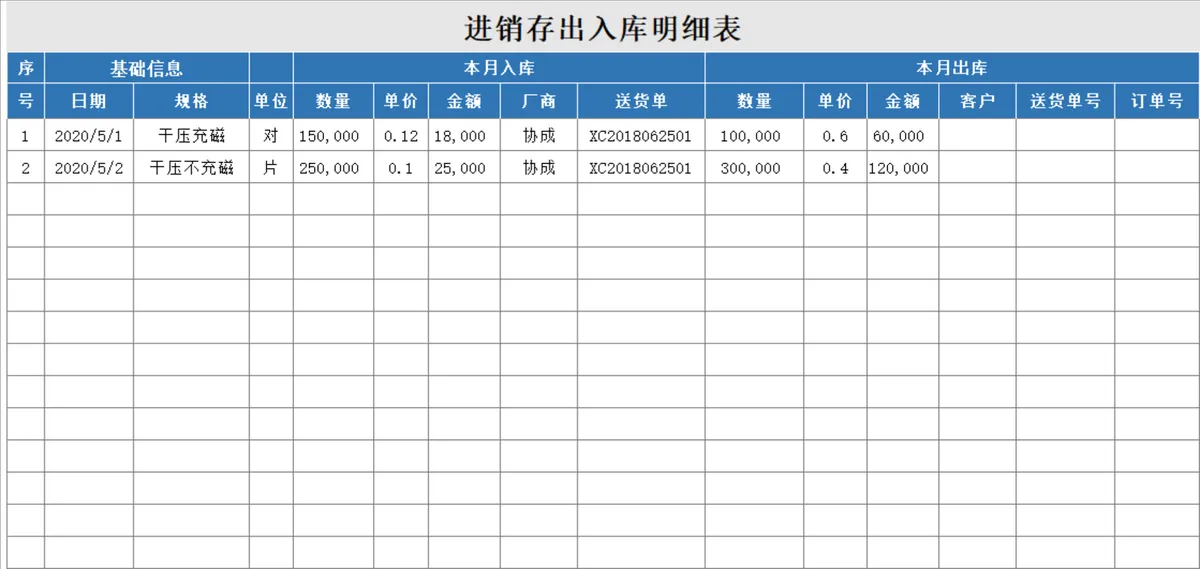通用进销存出入库明细登记Excel表格模板 - 第1页