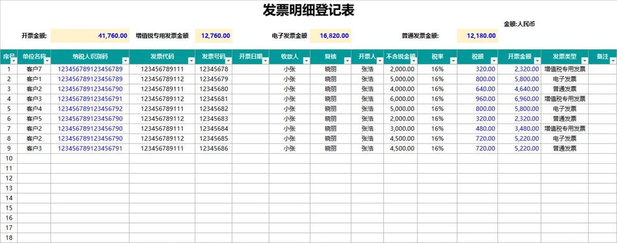 发票明细登记与客户信息管理Excel财务表格 - 第1页
