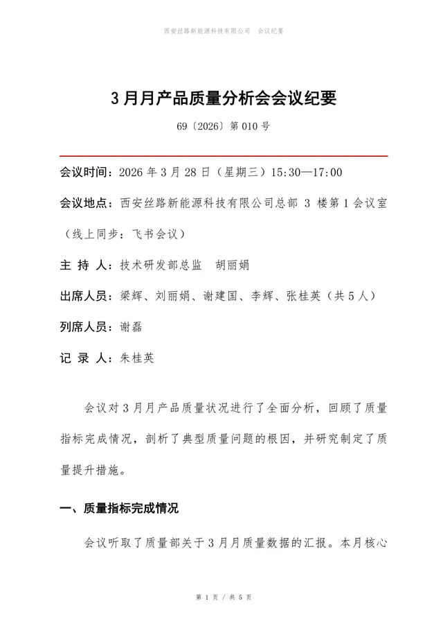 企业月度产品质量分析会会议纪要标准Word文档模板 - 封面预览