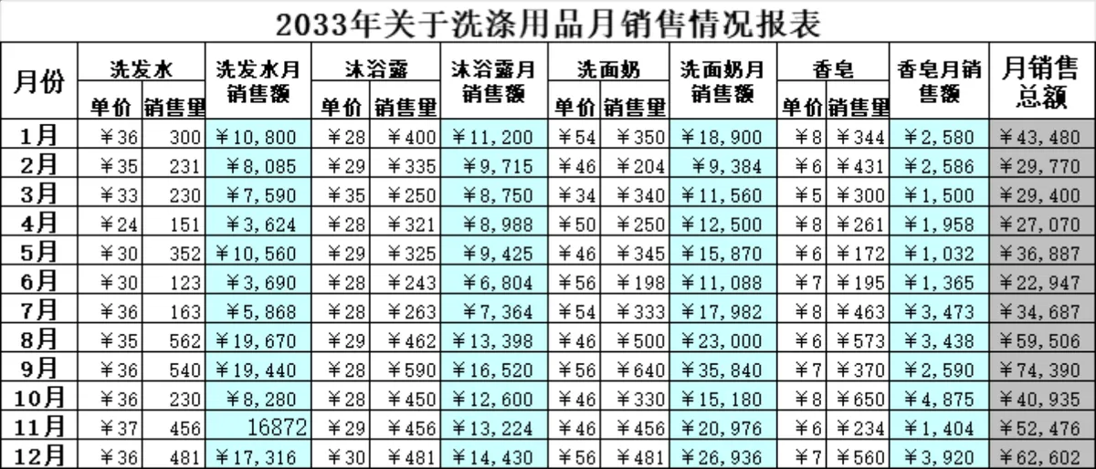 洗涤用品月度销售情况统计分析Excel报表模板 - 第1页