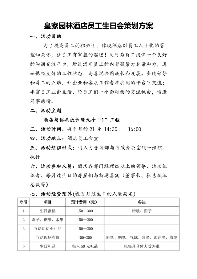 皇家园林酒店员工生日会策划方案Word文档 - 封面预览