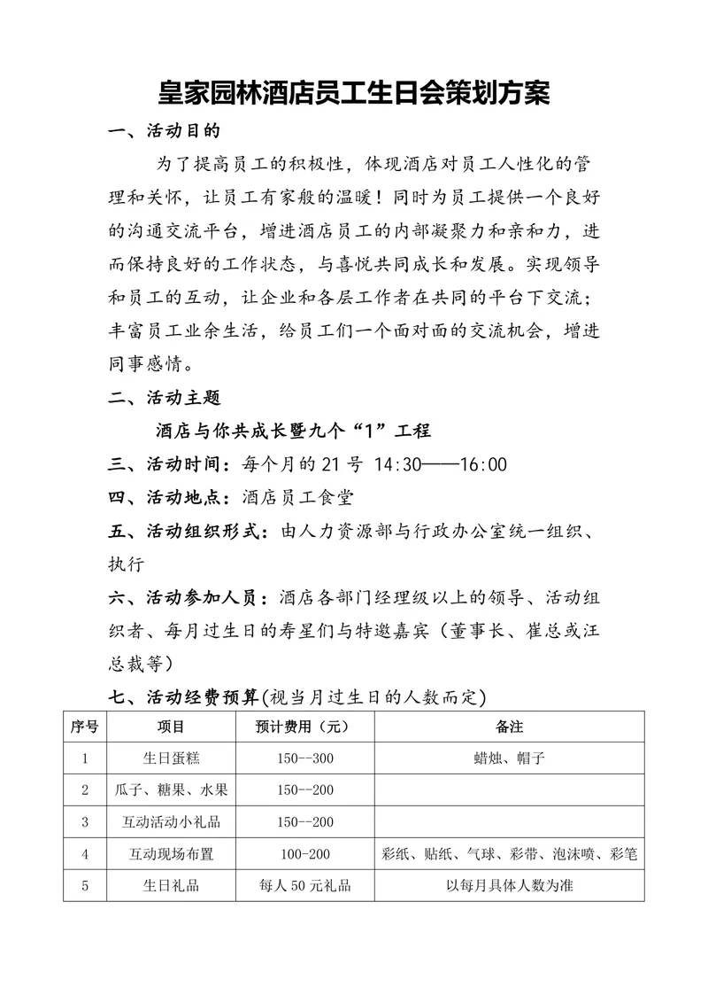 皇家园林酒店员工生日会策划方案Word文档 - 封面预览