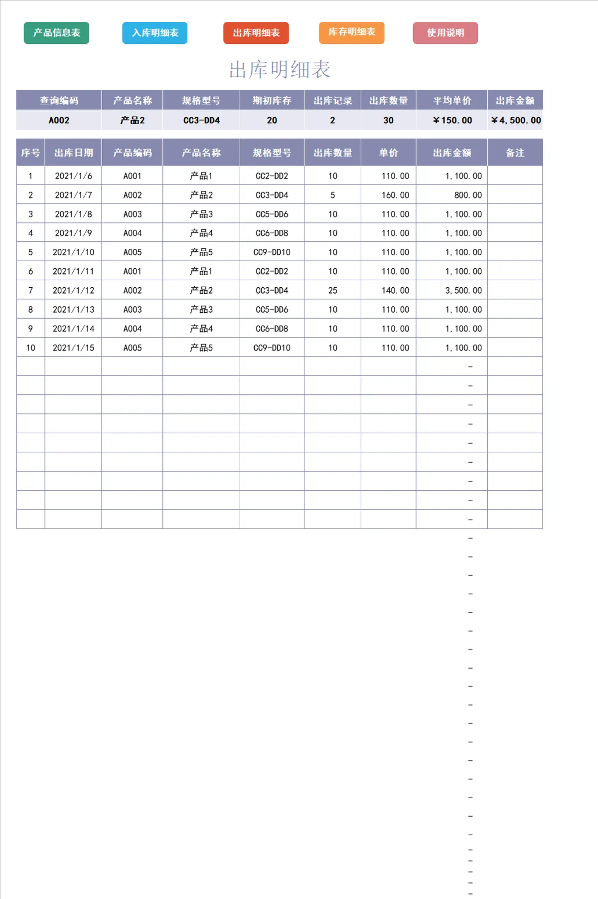 产品信息出入库库存管理明细Excel表格 - 第3页