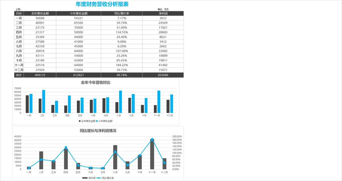 年度财务营收分析报表Excel表格 含月度营收同比增长净利润统计对比图表 - 第1页