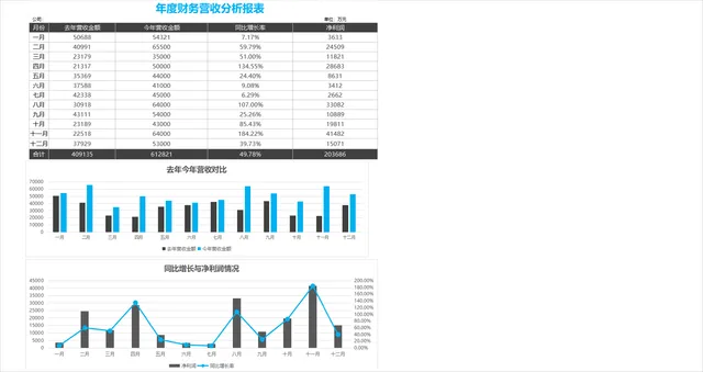 年度财务营收分析报表Excel表格 含月度营收同比增长净利润统计对比图表 - 封面预览
