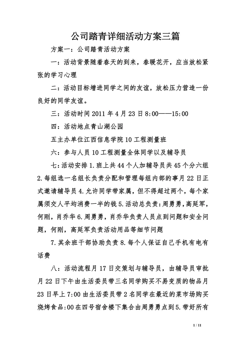 公司踏青详细活动方案三篇Word文档模板 - 封面预览