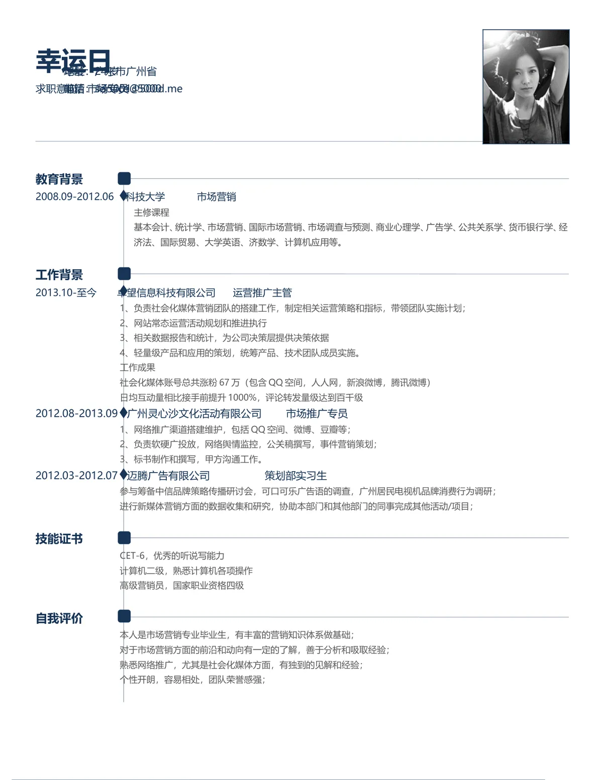 市场营销运营推广主管求职简历Word文档模板 - 第1页