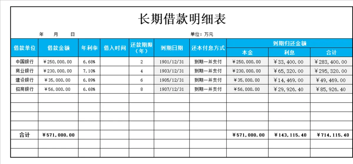 企业长期借款明细统计Excel表格 财务借贷还款数据登记管理模板 - 第1页
