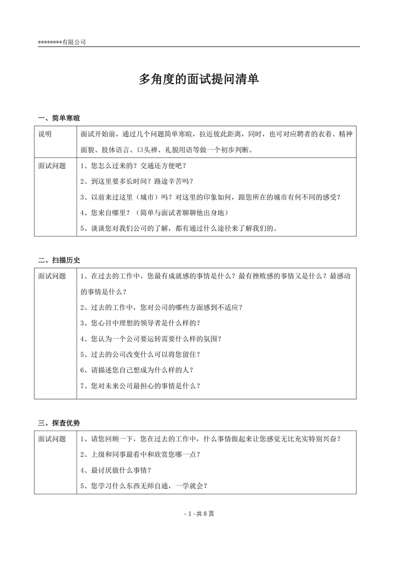 多角度的面试提问清单企业招聘面试官实用参考Word文档 - 封面预览